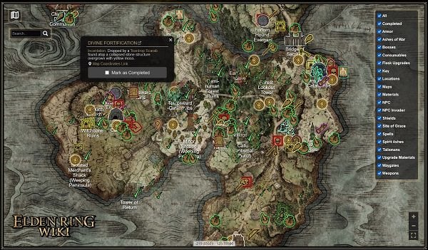 Elden Ring Map Progression İzləyicisi Tam ekran tamamlama Tamamlandı 600
